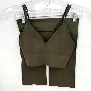 Bozzolo Olive Ribbed Bralette Shorts Set S/M Stretch Lounge Yoga Athleisure